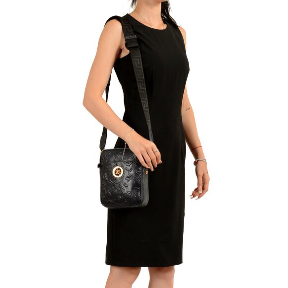 Versace Unisex Navy Blue Barocco Embossing Leather Crossbody Shoulder Bag - Picture 8 of 8